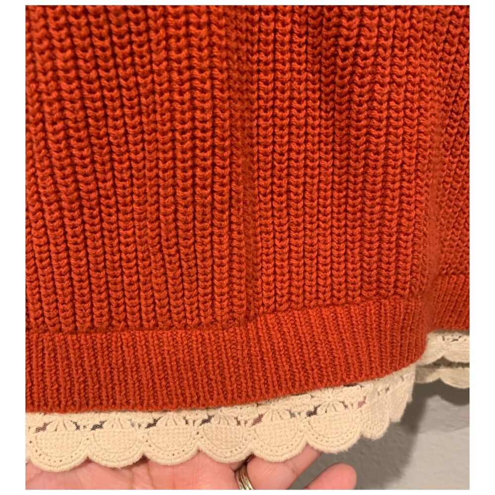 KIMCHI BLUE Burnt Orange Cropped Cable Knit Fall Crochet Lace Trim Sweater - Picture 6 of 6